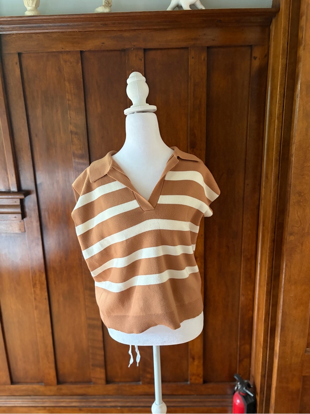 Maeve Tan and Cream Striped V‑Neck Polo Tank
